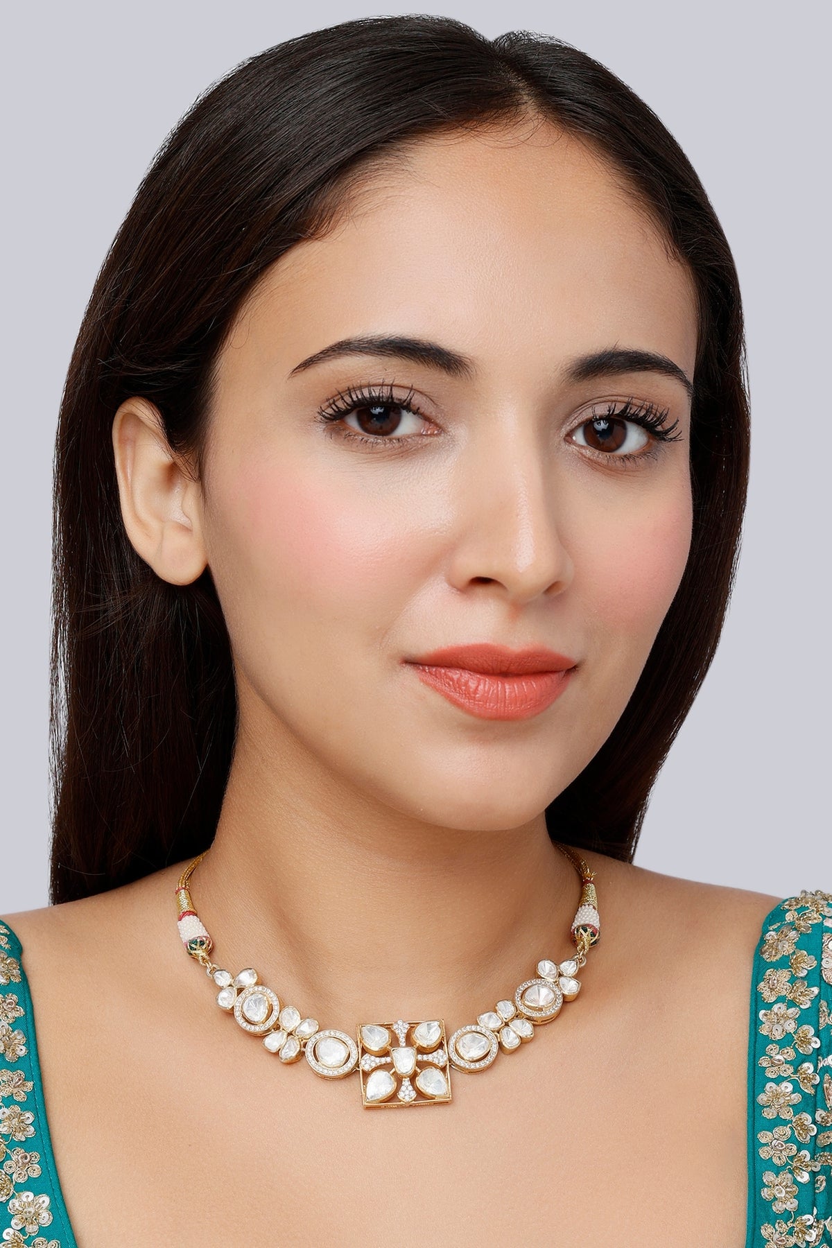 Gold Finish Moissanite Diamond Indo-Western Choker Necklace In Sterling Silver