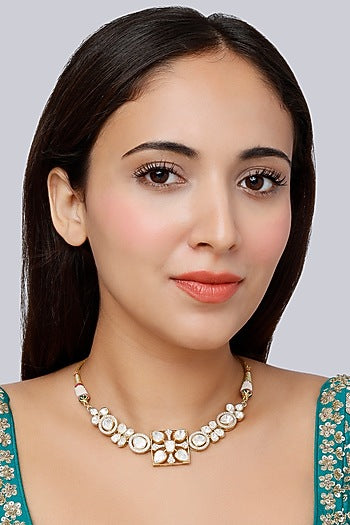 Gold Finish Moissanite Diamond Indo-Western Choker Necklace In Sterling Silver