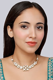 Gold Finish Moissanite Diamond Indo-Western Choker Necklace In Sterling Silver