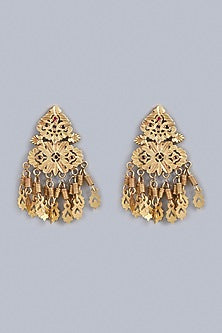 Gold Finish Ruby Synthetic Stone Temple Dangler Earrings In Sterling Silver