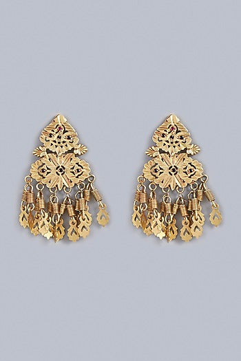 Gold Finish Ruby Synthetic Stone Temple Dangler Earrings In Sterling Silver