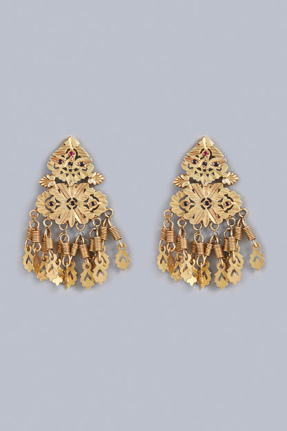Gold Finish Ruby Synthetic Stone Temple Dangler Earrings In Sterling Silver