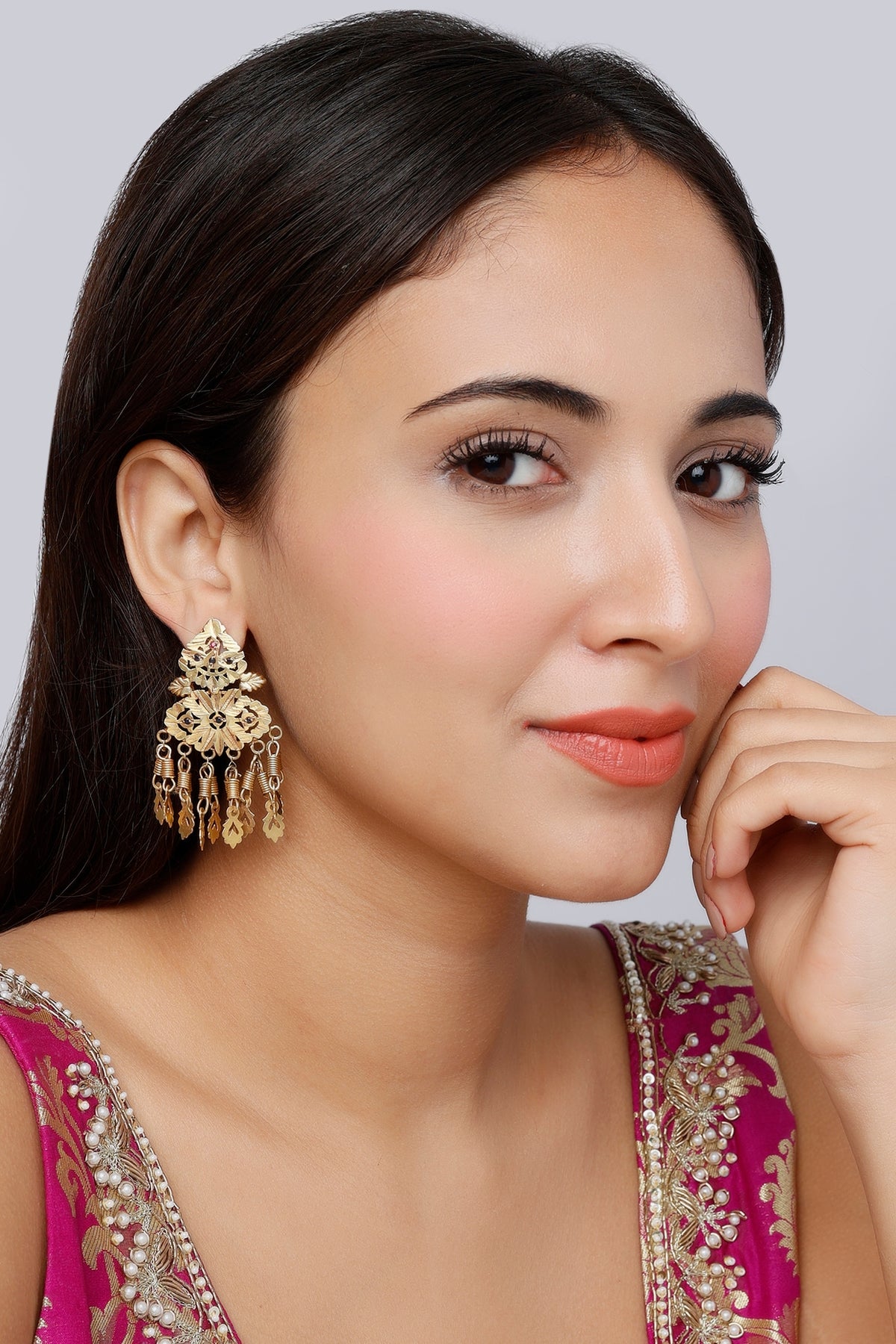 Gold Finish Ruby Synthetic Stone Temple Dangler Earrings In Sterling Silver