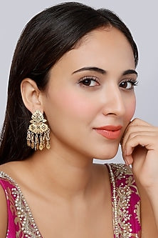 Gold Finish Ruby Synthetic Stone Temple Dangler Earrings In Sterling Silver