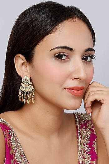 Gold Finish Ruby Synthetic Stone Temple Dangler Earrings In Sterling Silver