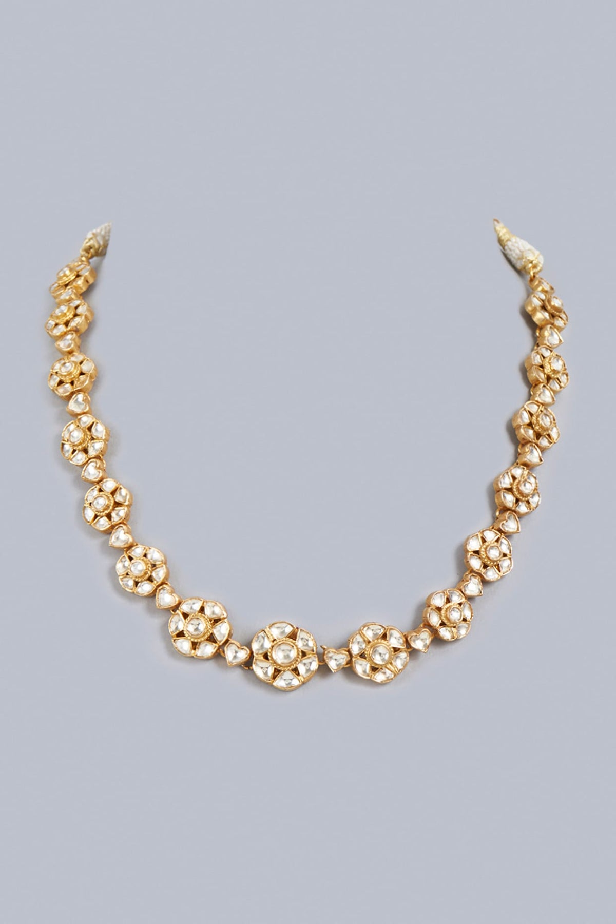 Gold Finish Kundan Polki Indo-Western Floral Necklace In Sterling Silver
