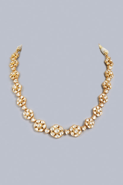 Gold Finish Kundan Polki Indo-Western Floral Necklace In Sterling Silver