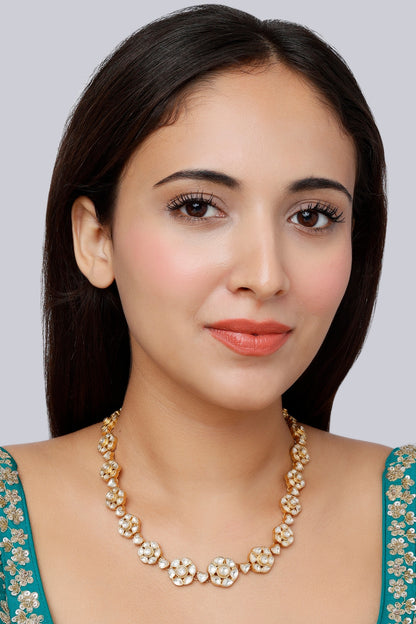 Gold Finish Kundan Polki Indo-Western Floral Necklace In Sterling Silver