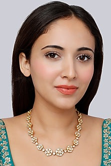 Gold Finish Kundan Polki Indo-Western Floral Necklace In Sterling Silver