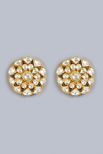 Gold Finish Kundan Polki Traditional Stud Earrings In Sterling Silver