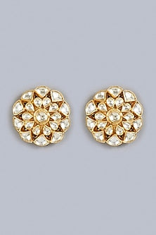Gold Finish Kundan Polki Traditional Stud Earrings In Sterling Silver