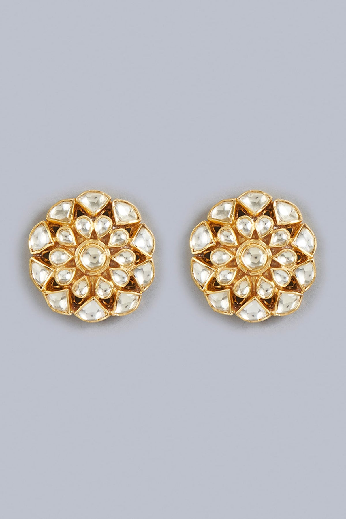 Gold Finish Kundan Polki Traditional Stud Earrings In Sterling Silver