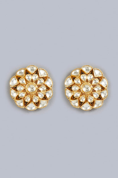Gold Finish Kundan Polki Traditional Stud Earrings In Sterling Silver
