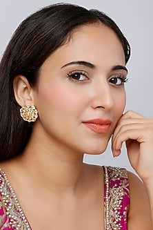 Gold Finish Kundan Polki Traditional Stud Earrings In Sterling Silver