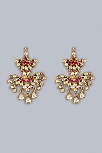 Gold Finish Kundan Polki Traditional Dangler Earrings In Sterling Silver