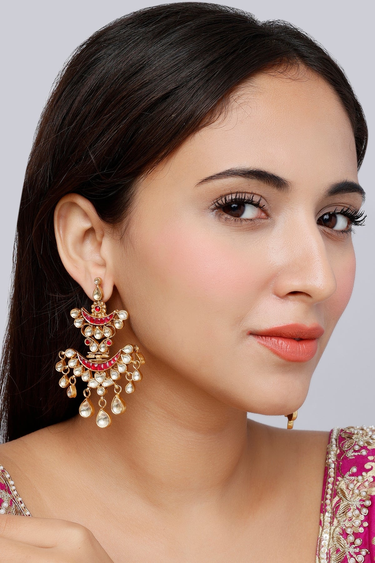 Gold Finish Kundan Polki Traditional Dangler Earrings In Sterling Silver