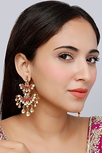 Gold Finish Kundan Polki Traditional Dangler Earrings In Sterling Silver