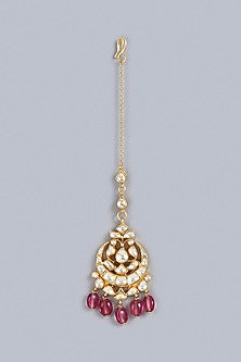 Gold Finish Kundan Polki Maangtikka In Sterling Silver