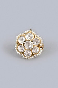 Gold Finish Kundan Polki Indo-Western Adjustable Finger Ring In Sterling Silver