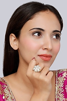 Gold Finish Kundan Polki Indo-Western Adjustable Finger Ring In Sterling Silver