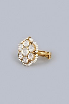 Gold Finish Kundan Polki Indo-Western Adjustable Finger Ring In Sterling Silver