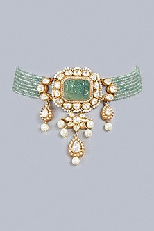 Gold Finish Kundan Polki Indo-Western Choker Necklace In Sterling Silver