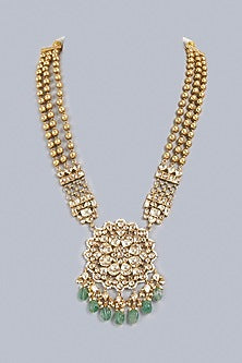 Gold Finish Kundan Polki Long Necklace In Sterling Silver