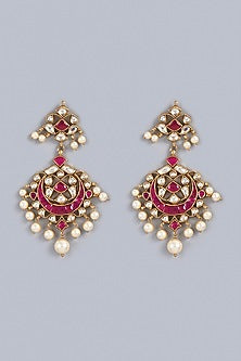 Gold Finish Kundan Polki Traditional Chandabali Earrings In Sterling Silver