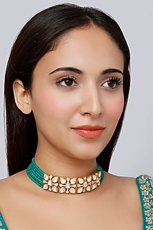 Gold Finish Green Onyx Stone Indo-Western Choker Necklace In Sterling Silver