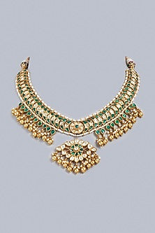 Gold Finish Kundan Polki Traditional Bridal Necklace In Sterling Silver