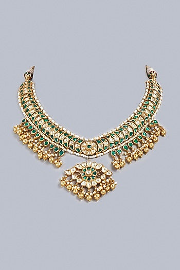 Gold Finish Kundan Polki Traditional Bridal Necklace In Sterling Silver