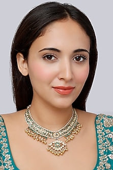 Gold Finish Kundan Polki Traditional Bridal Necklace In Sterling Silver