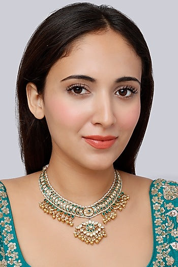 Gold Finish Kundan Polki Traditional Bridal Necklace In Sterling Silver
