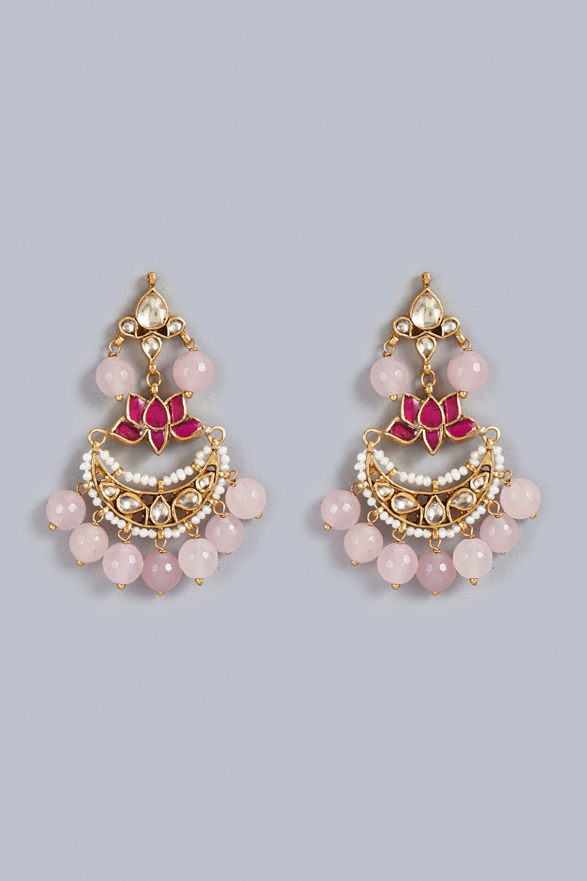 Gold Finish Kundan Polki Traditional Lotus Chandabali Earrings In Sterling Silver