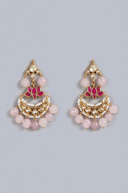 Gold Finish Kundan Polki Traditional Lotus Chandabali Earrings In Sterling Silver