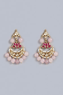 Gold Finish Kundan Polki Traditional Lotus Chandabali Earrings In Sterling Silver