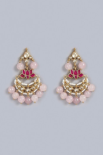 Gold Finish Kundan Polki Traditional Lotus Chandabali Earrings In Sterling Silver