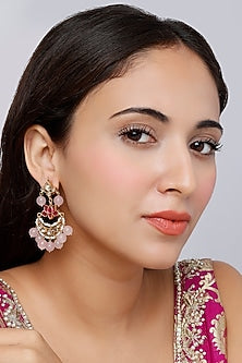 Gold Finish Kundan Polki Traditional Lotus Chandabali Earrings In Sterling Silver