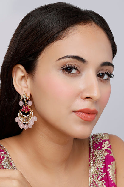 Gold Finish Kundan Polki Traditional Lotus Chandabali Earrings In Sterling Silver