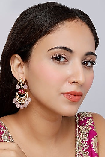 Gold Finish Kundan Polki Traditional Lotus Chandabali Earrings In Sterling Silver