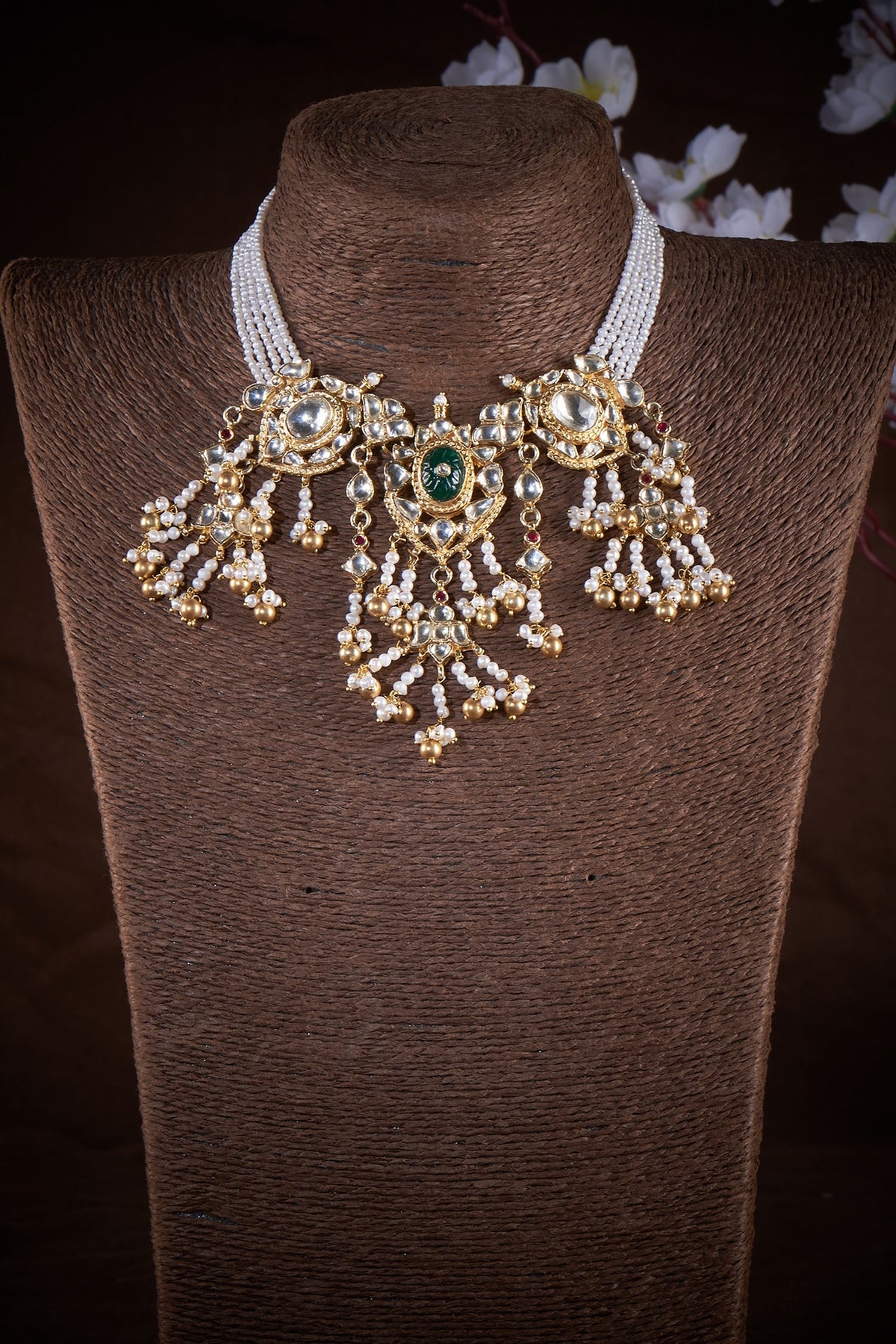 Gold Finish Green Onyx & Pearl Necklace In Sterling Silver