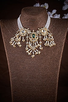 Gold Finish Green Onyx & Pearl Necklace In Sterling Silver