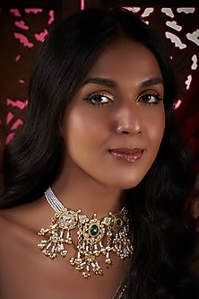 Gold Finish Green Onyx & Pearl Necklace In Sterling Silver