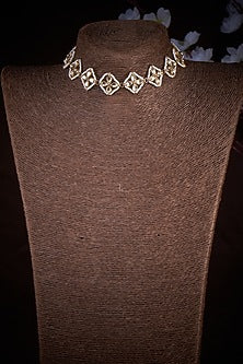 Gold Finish Kundan Polki & Pearl Necklace In Sterling Silver