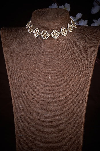Gold Finish Kundan Polki & Pearl Necklace In Sterling Silver