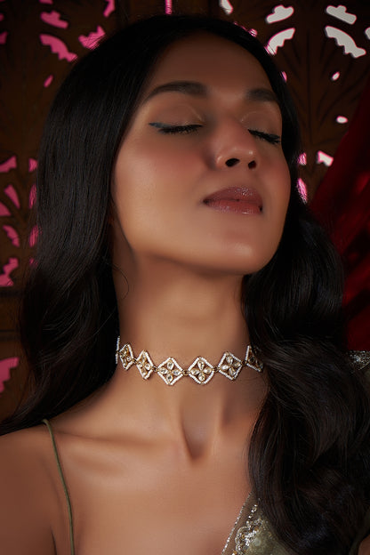 Gold Finish Kundan Polki & Pearl Necklace In Sterling Silver