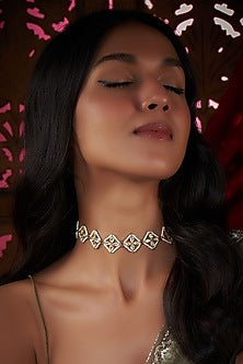 Gold Finish Kundan Polki & Pearl Necklace In Sterling Silver