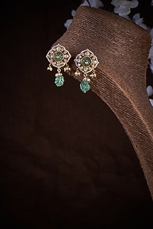 Gold Finish Kundan Polki & Fluorite Stone Dangler Earrings In Sterling Silver