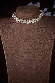 Gold Finish Kundan Polki & Pearl Choker Necklace In Sterling Silver