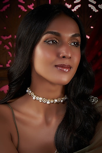 Gold Finish Kundan Polki & Pearl Choker Necklace In Sterling Silver